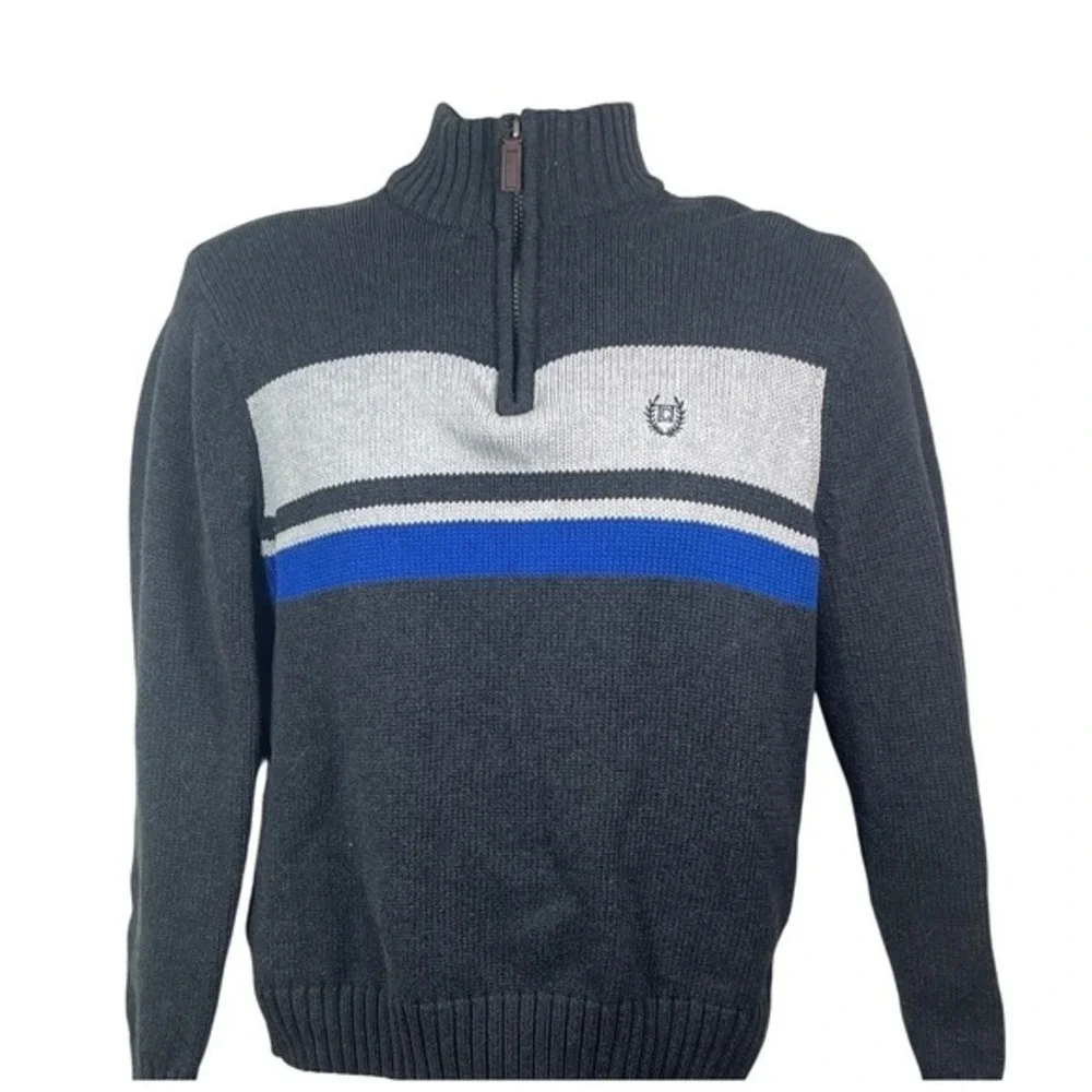 Chaps Quarter Zip Sweater Charcoal‎ Striped coastal grandpa preppy athletic